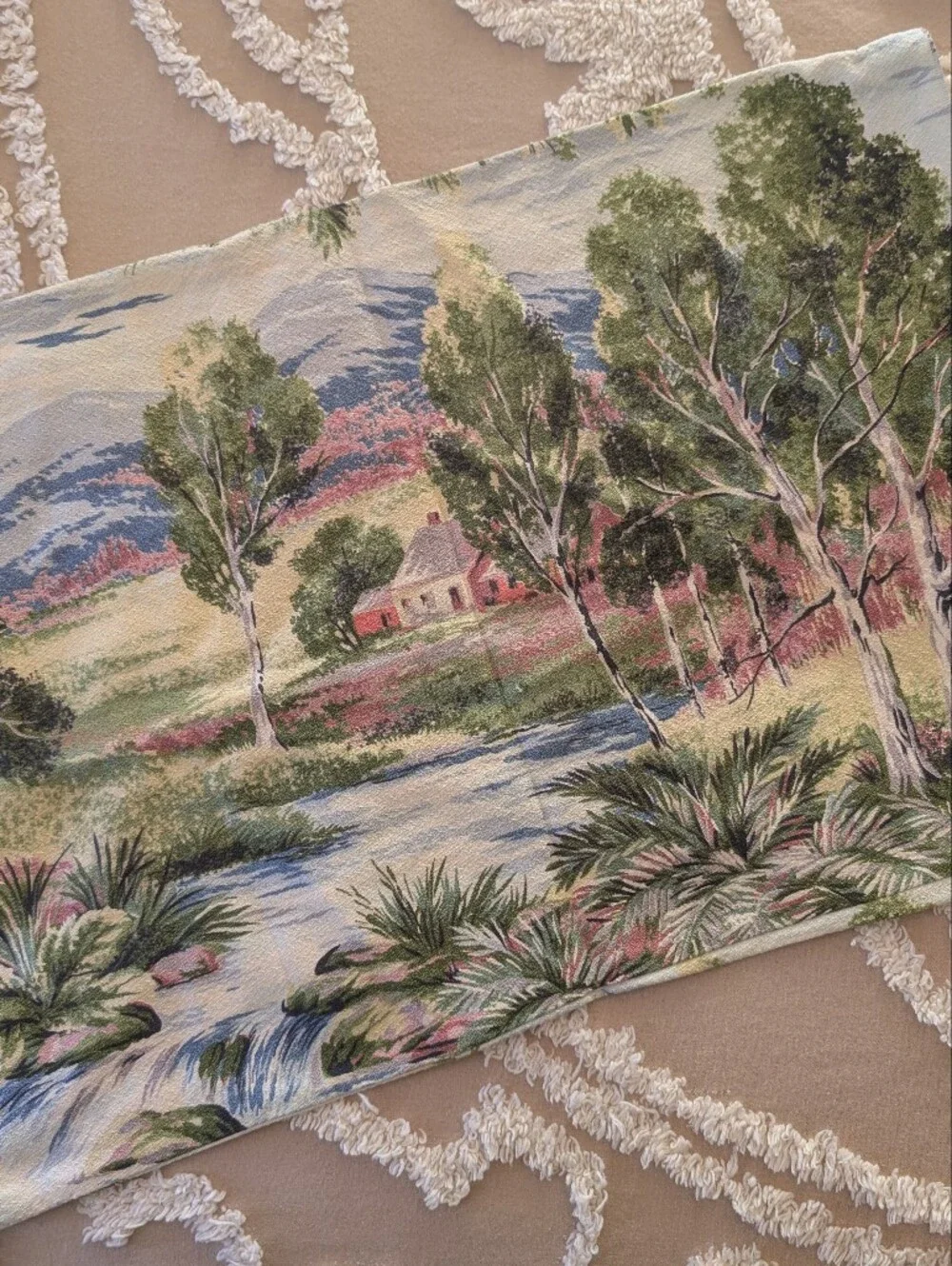 Beautiful Barkcloth pillow case, pastoral scene